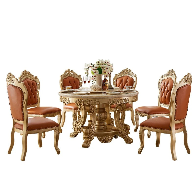 Dining Room Table Set Golden Foil Hand Carved Italian Baroque Design Furniture
