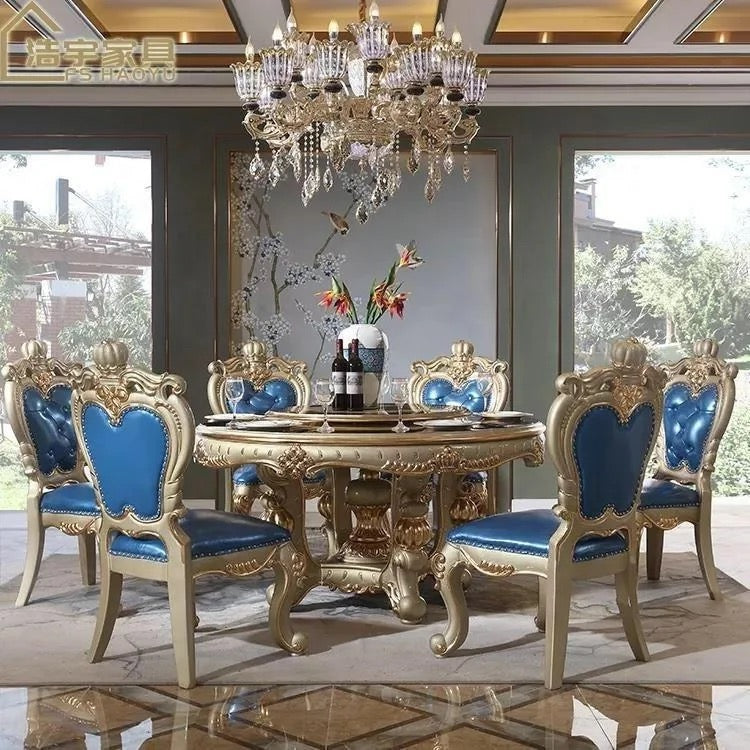 Dining Room Table Set Golden Foil Hand Carved Italian Baroque Design Furniture