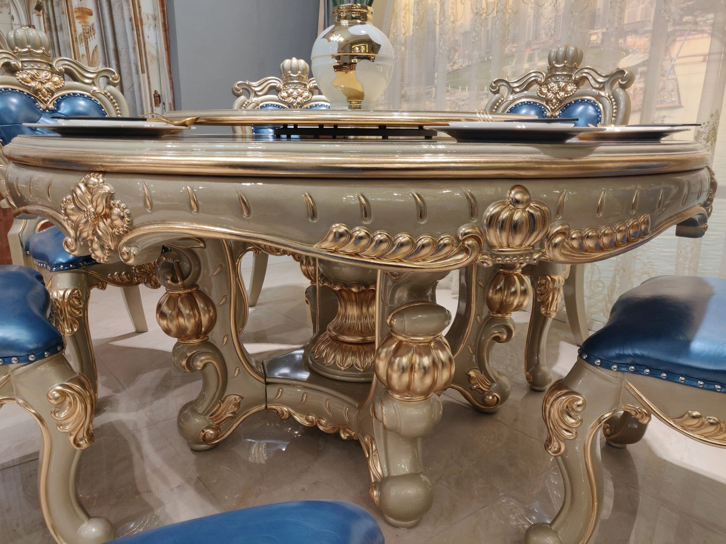 Dining Room Table Set Golden Foil Hand Carved Italian Baroque Design Furniture