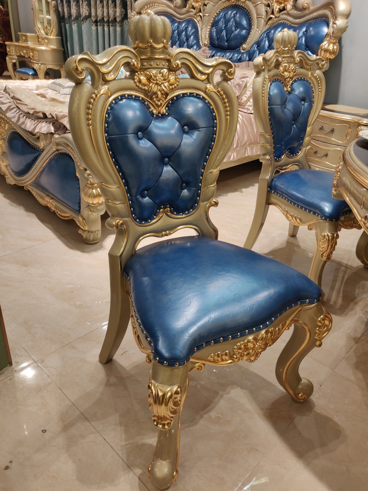 Dining Room Table Set Golden Foil Hand Carved Italian Baroque Design Furniture