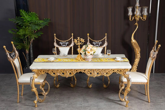 Royal Luxury Marble Dining Table with Golden Copper Frame - Baroque Design