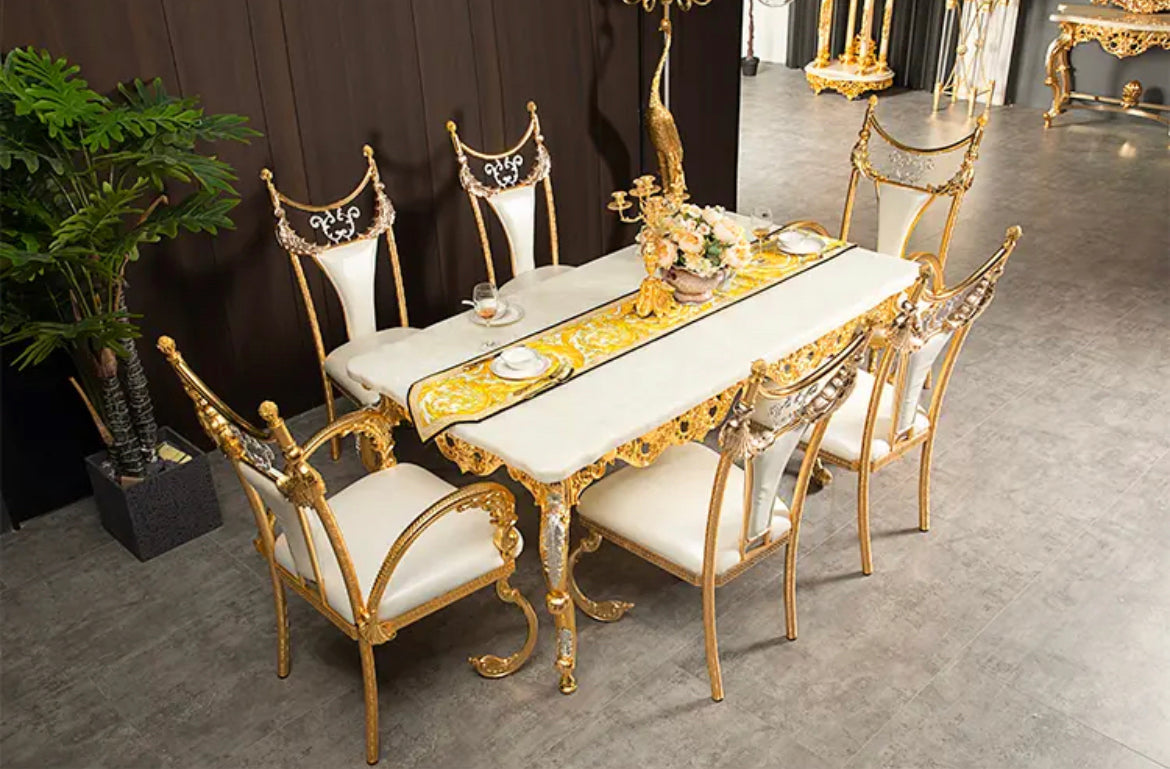 Royal Luxury Marble Dining Table with Golden Copper Frame - Baroque Design