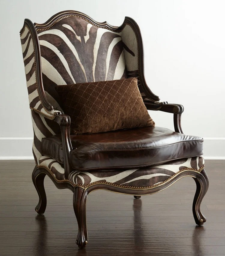 Custom Design Print Leather Armchair, French-Style Wingback Accent Chair