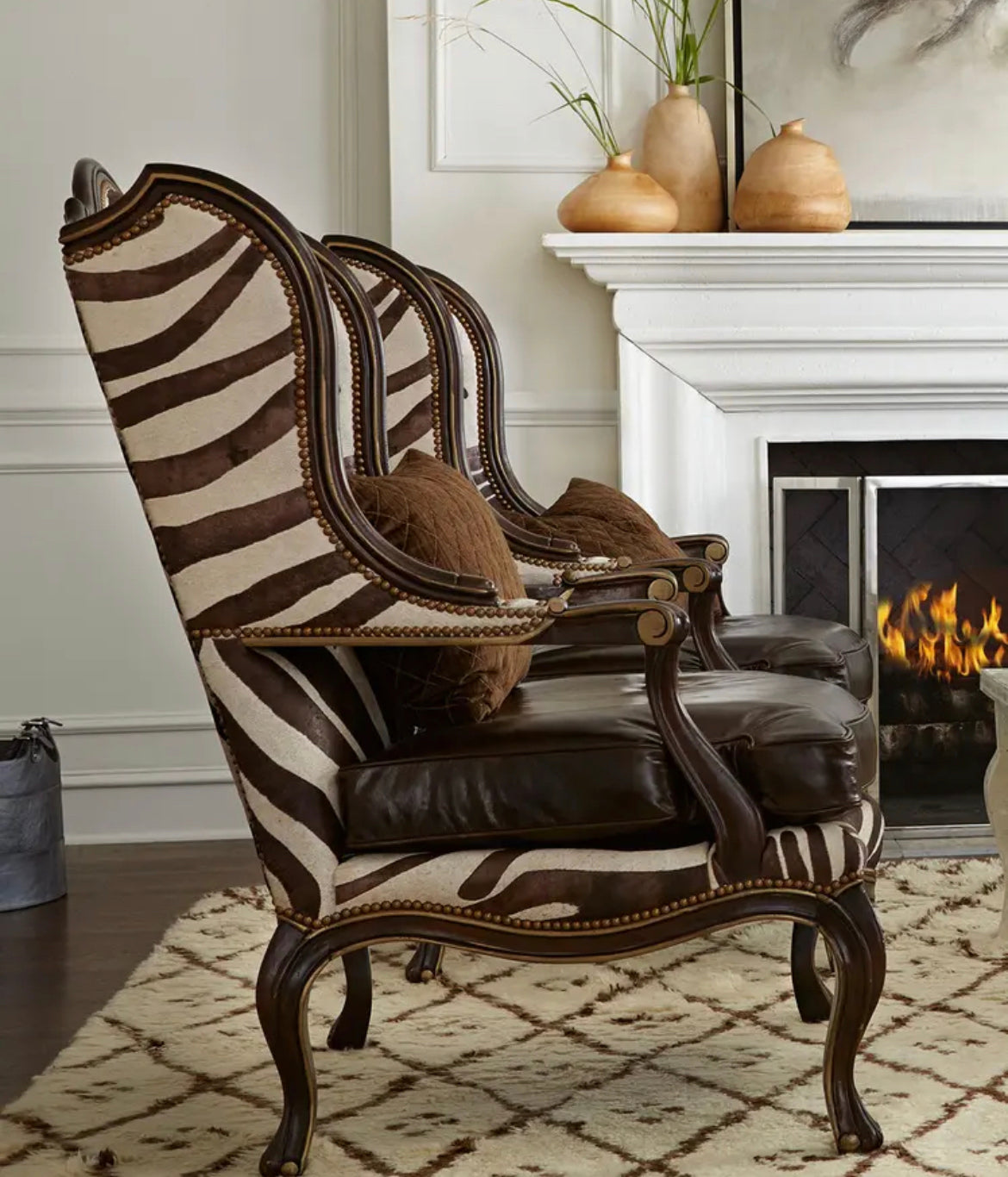 Custom Design Print Leather Armchair, French-Style Wingback Accent Chair