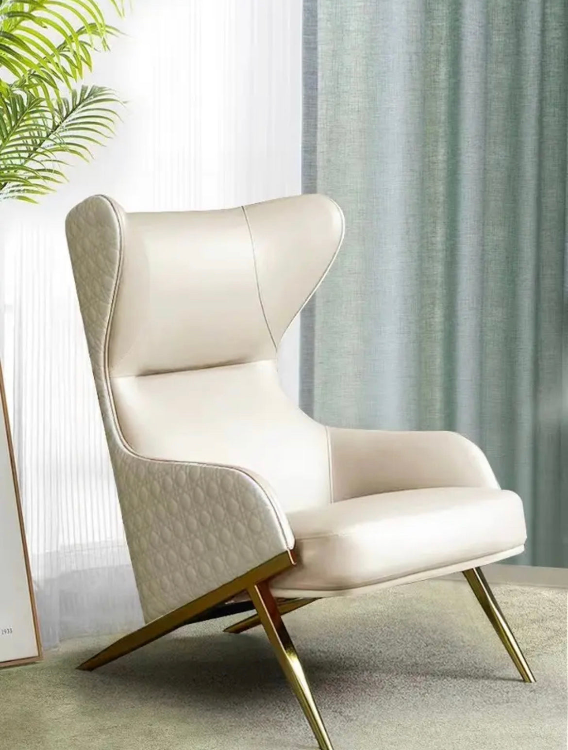Cleopatra Wingback Chair, Modern Leather Reclining Corner Armchair with Gold-Plated Base
