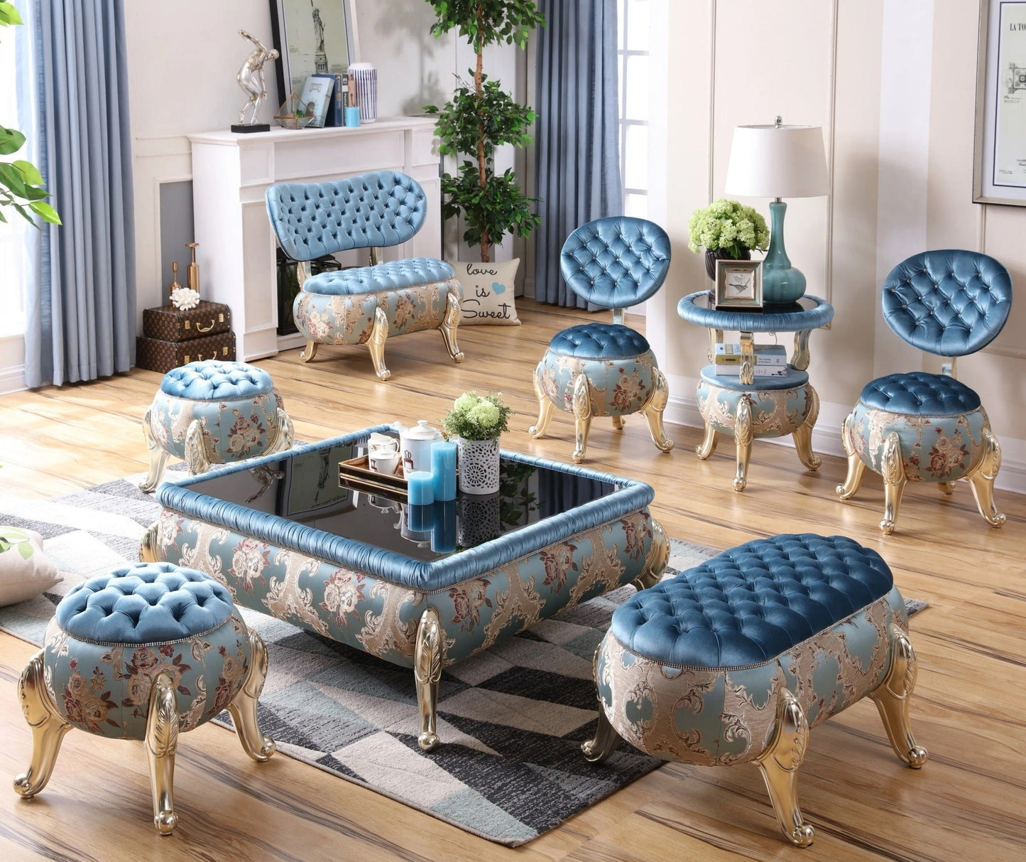 Luxury Arabian Baroque 3–8 Piece Tea Table Set, Handcrafted Wood, Velvet