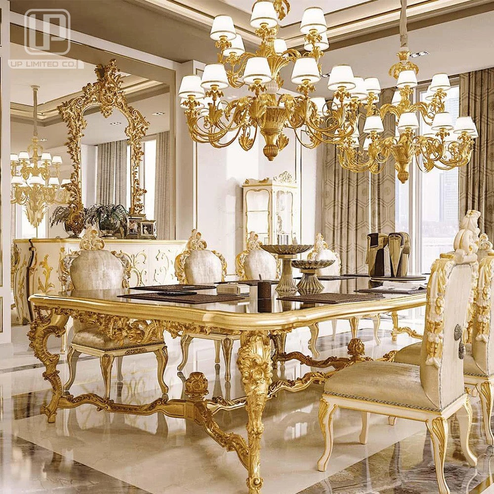 Neoclassical Baroque Luxury Solid Wood 8-Seater Dining Table Set with Marble Top - Handcrafted in Germany