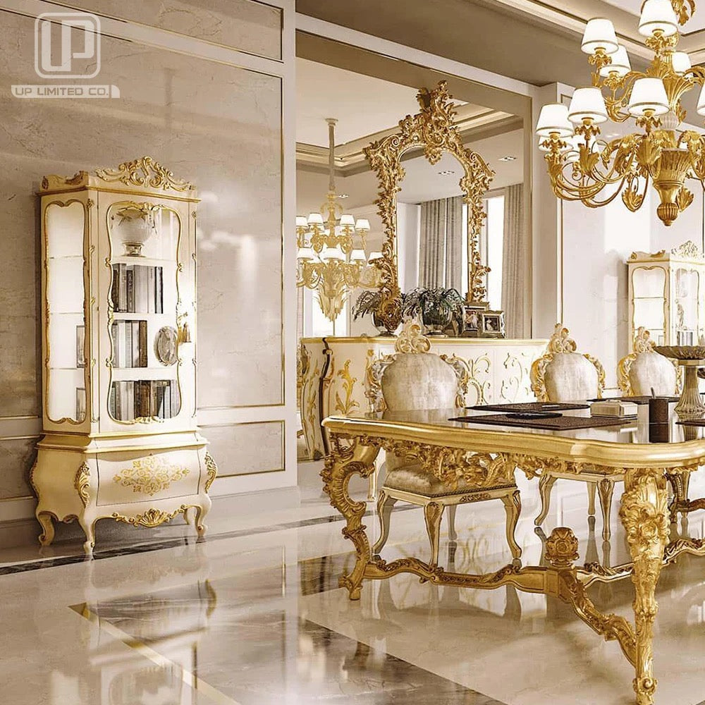 Neoclassical Baroque Luxury Solid Wood 8-Seater Dining Table Set with Marble Top - Handcrafted in Germany