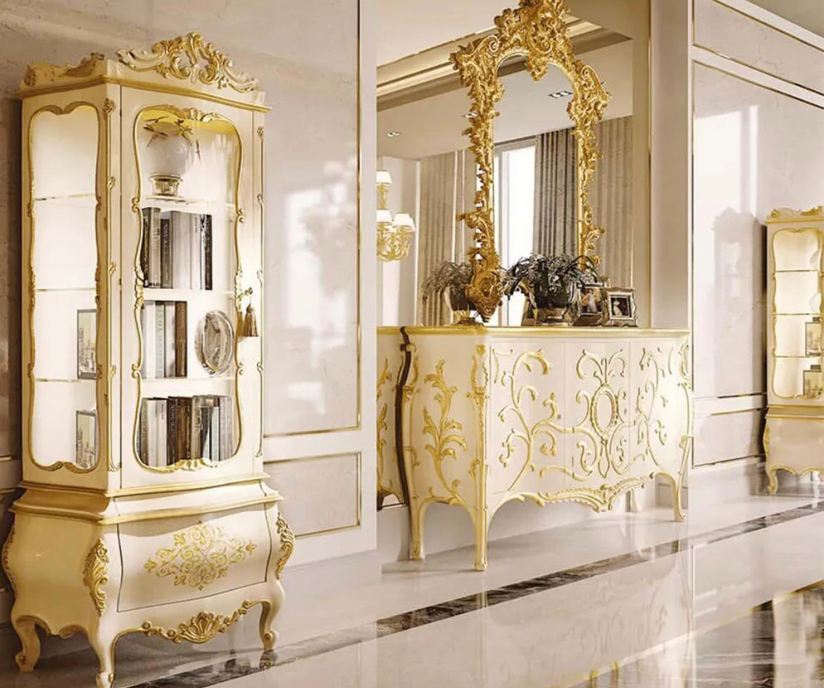 Neoclassical Baroque Luxury Solid Wood 8-Seater Dining Table Set with Marble Top - Handcrafted in Germany