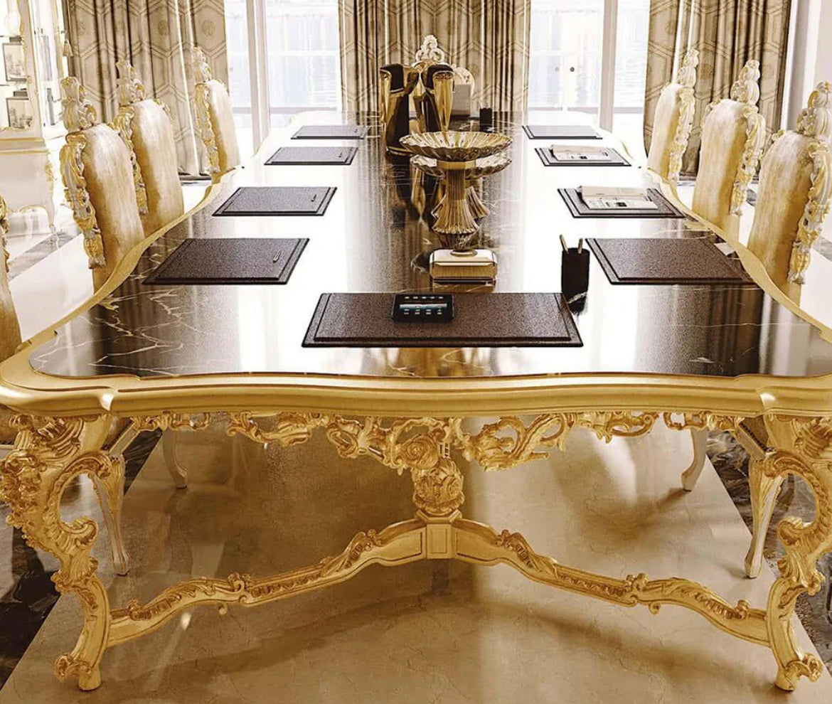 Neoclassical Baroque Luxury Solid Wood 8-Seater Dining Table Set with Marble Top - Handcrafted in Germany