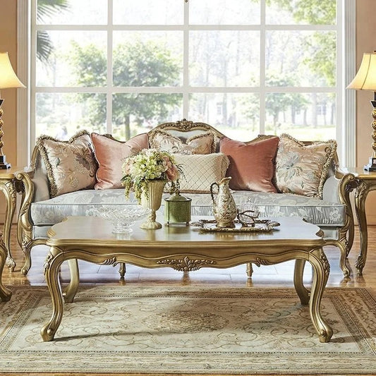 French Baroque Solid Birch Coffee Table - Antique Gold Adjustable Accent Table