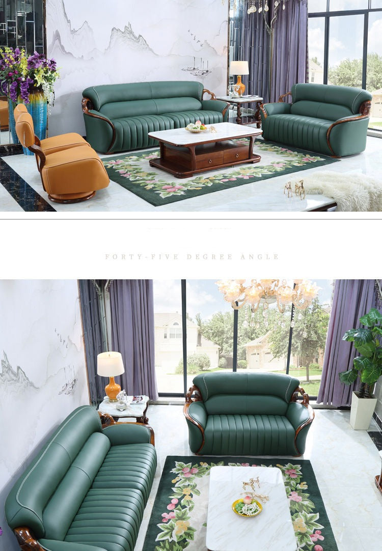 Fall Winter American Sofa Design 3+2+1 Ebony Solid Wood Leather Modern Living Room Green Sofa Set