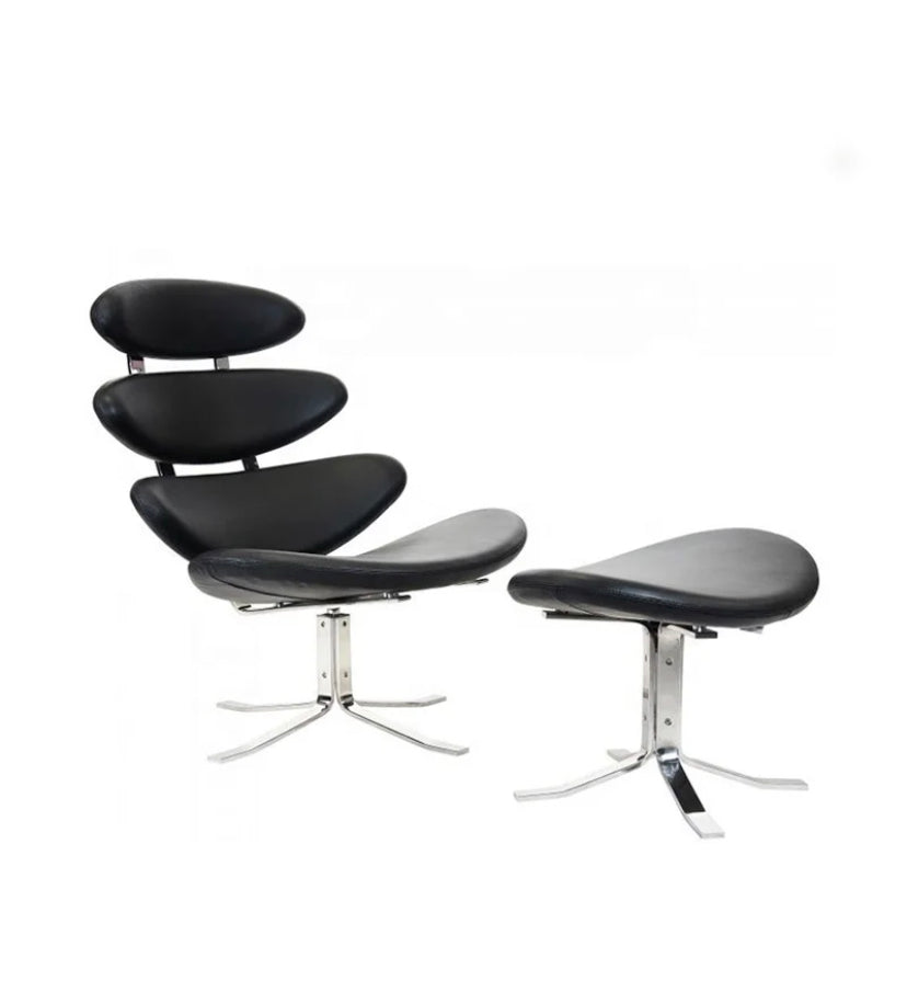 Adjustable Leather Corona Lounge Chair, Modern Wing Chair with Ottoman for Office