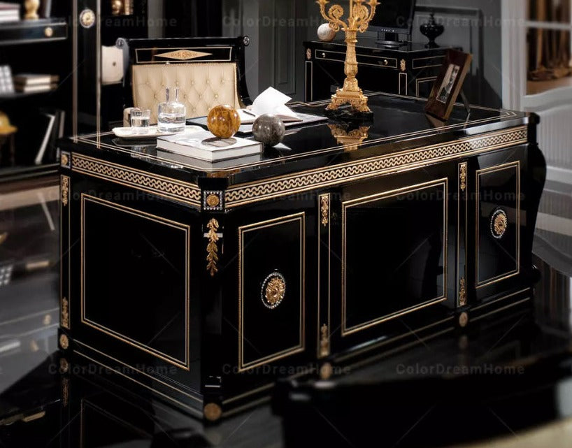 French Luxury Black Wooden Office Furniture Set Baroque Office Furniture Design
