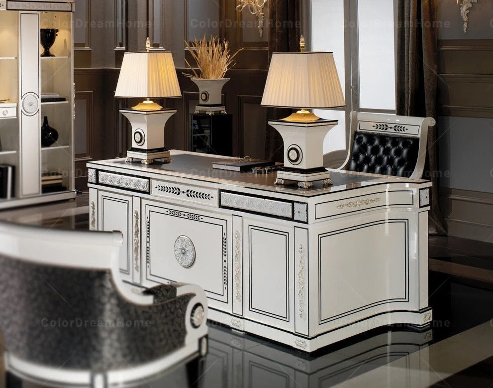 French Luxury White Wooden Office Furniture Set - Handmade Carved Royal Style Desk, Chair, Swivel Chair