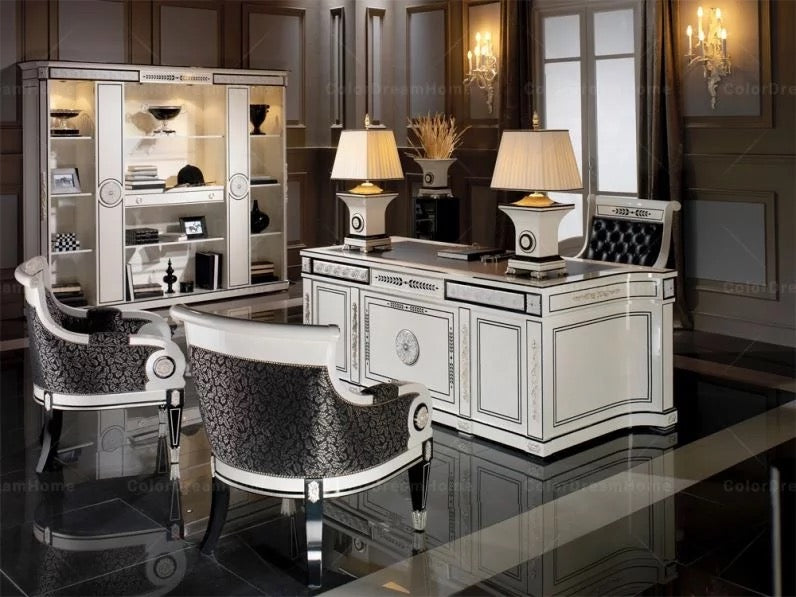 French Luxury White Wooden Office Furniture Set - Handmade Carved Royal Style Desk, Chair, Swivel Chair