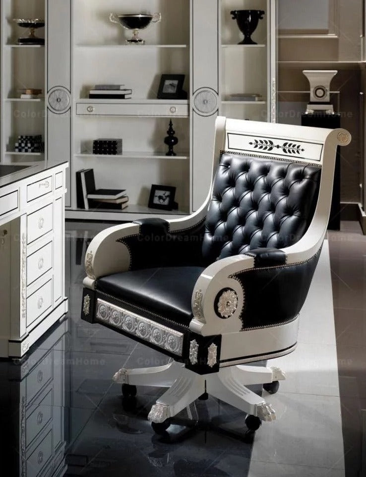 French Luxury White Wooden Office Furniture Set - Handmade Carved Royal Style Desk, Chair, Swivel Chair