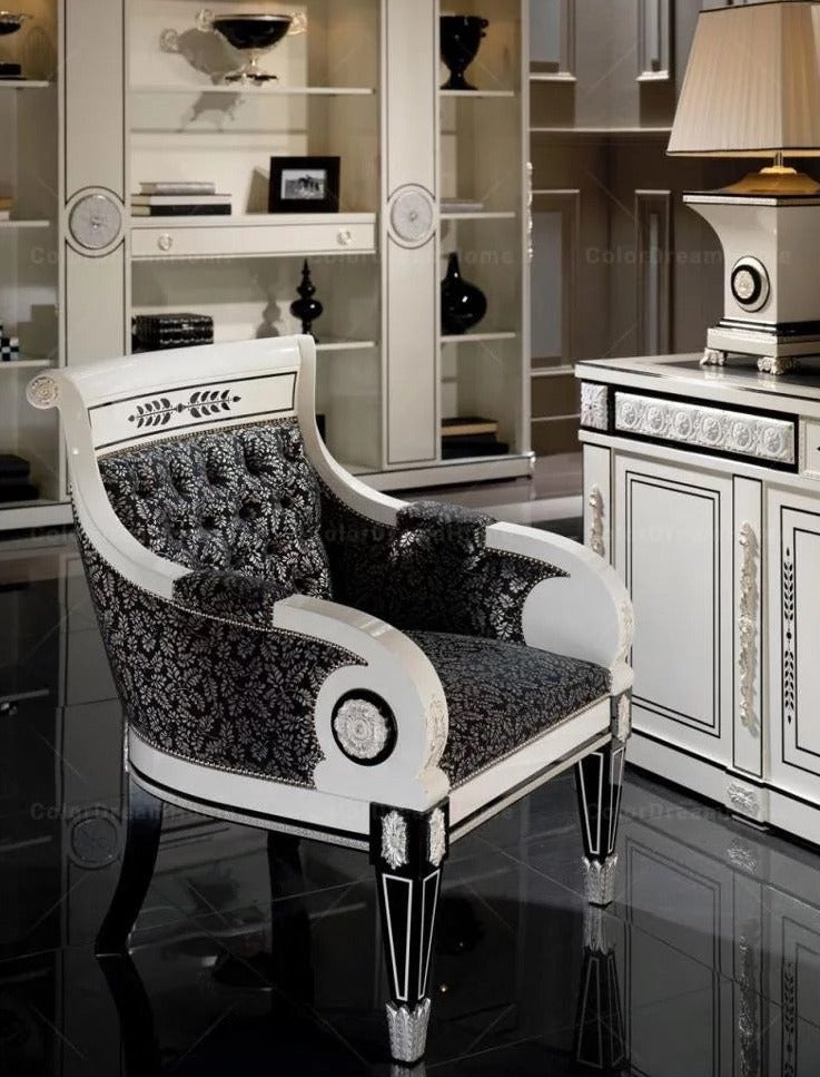 French Luxury White Wooden Office Furniture Set - Handmade Carved Royal Style Desk, Chair, Swivel Chair