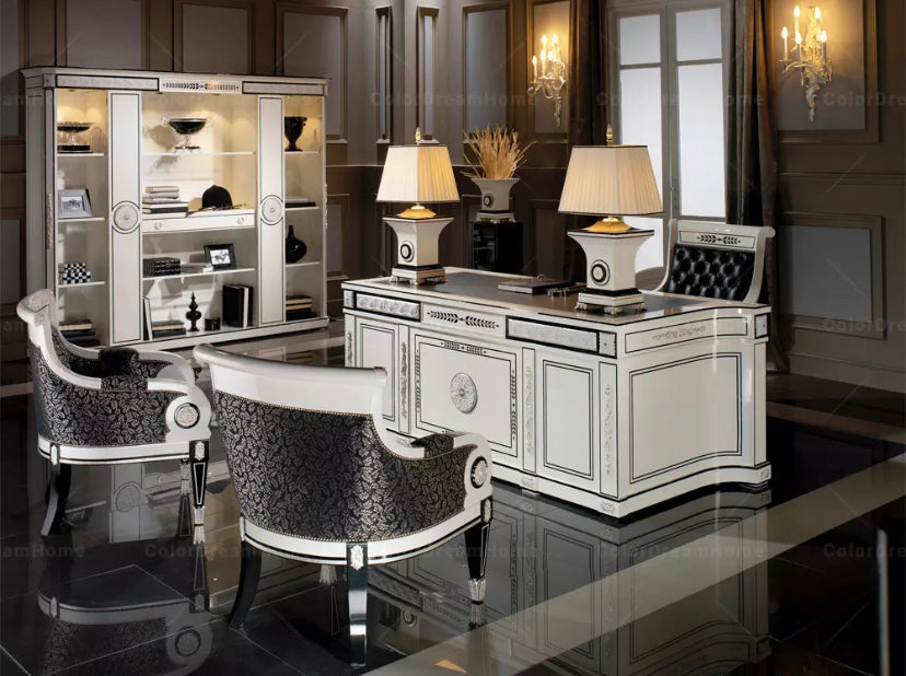 French Luxury White Wooden Office Furniture Set - Handmade Carved Royal Style Desk, Chair, Swivel Chair