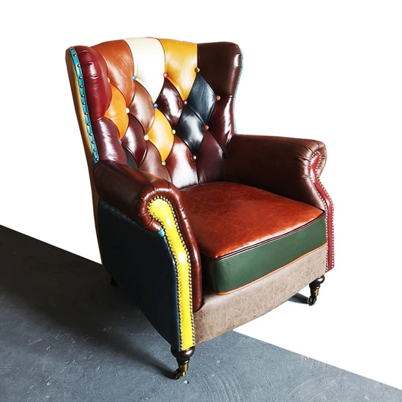 Loyal Furniture Retro Patchwork Chesterfield Wingback Armchair, Multicolor Leather Cigar Chair