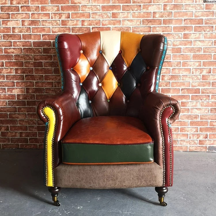 Loyal Furniture Retro Patchwork Chesterfield Wingback Armchair, Multicolor Leather Cigar Chair