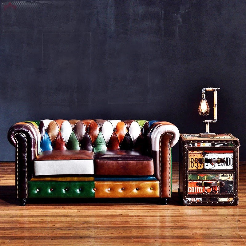 2 Seater Sofa Retro Vintage Patchwork Office Design American Multicolor Leather Loveseat Sofas
