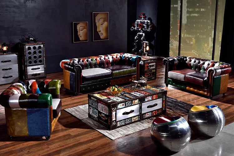 Loyal Furniture Retro Patchwork Chesterfield Wingback Armchair, Multicolor Leather Cigar Chair