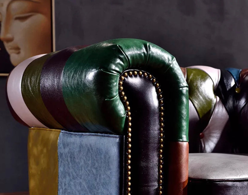 Loyal Furniture Retro Patchwork Chesterfield Wingback Armchair, Multicolor Leather Cigar Chair