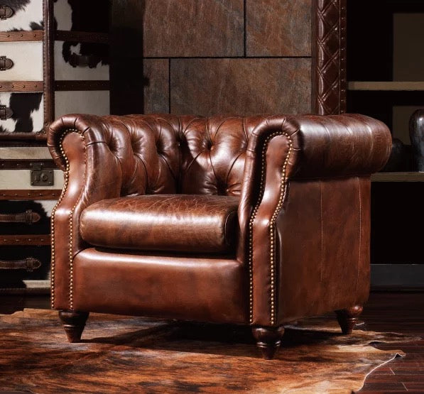 Antique-Style Reclining Chesterfield Club Chair, Brick Red Luxury Furniture