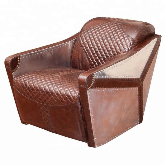 Modern Aviation Leisure Cigar Armchair, Genuine Leather & Aluminum Accent Chair