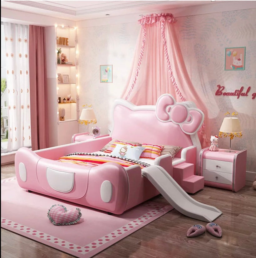 Kids Bed Leather Multifunction Bed Solid Wood Slide And Stairs Kinder Bett Safety Guardrail