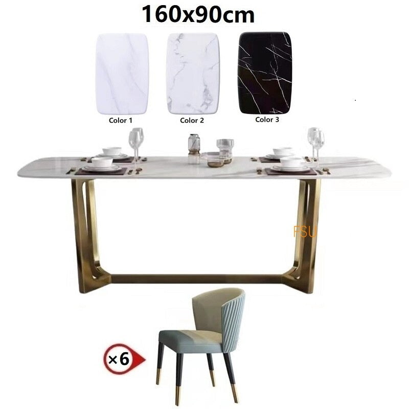 Italian Luxury Black White Marble Dining Table Set with Gold-Plated Stainless Steel Base & Matching Chairs