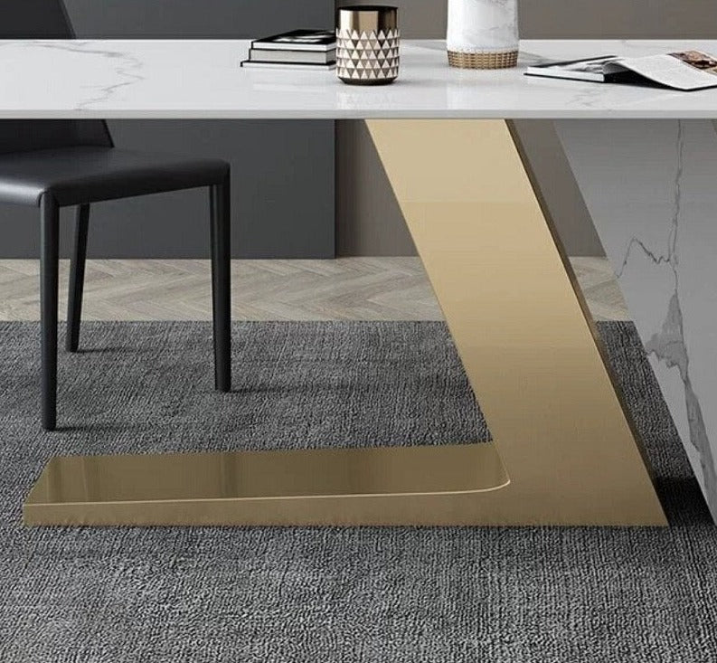 Luxury Marble-Textured Dining Table - Stainless Steel with Titanium Seal Glaze Base